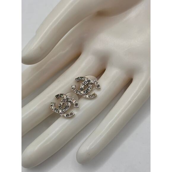 Chanel Silver-tone Strass Interlocking CC Stud Earrings